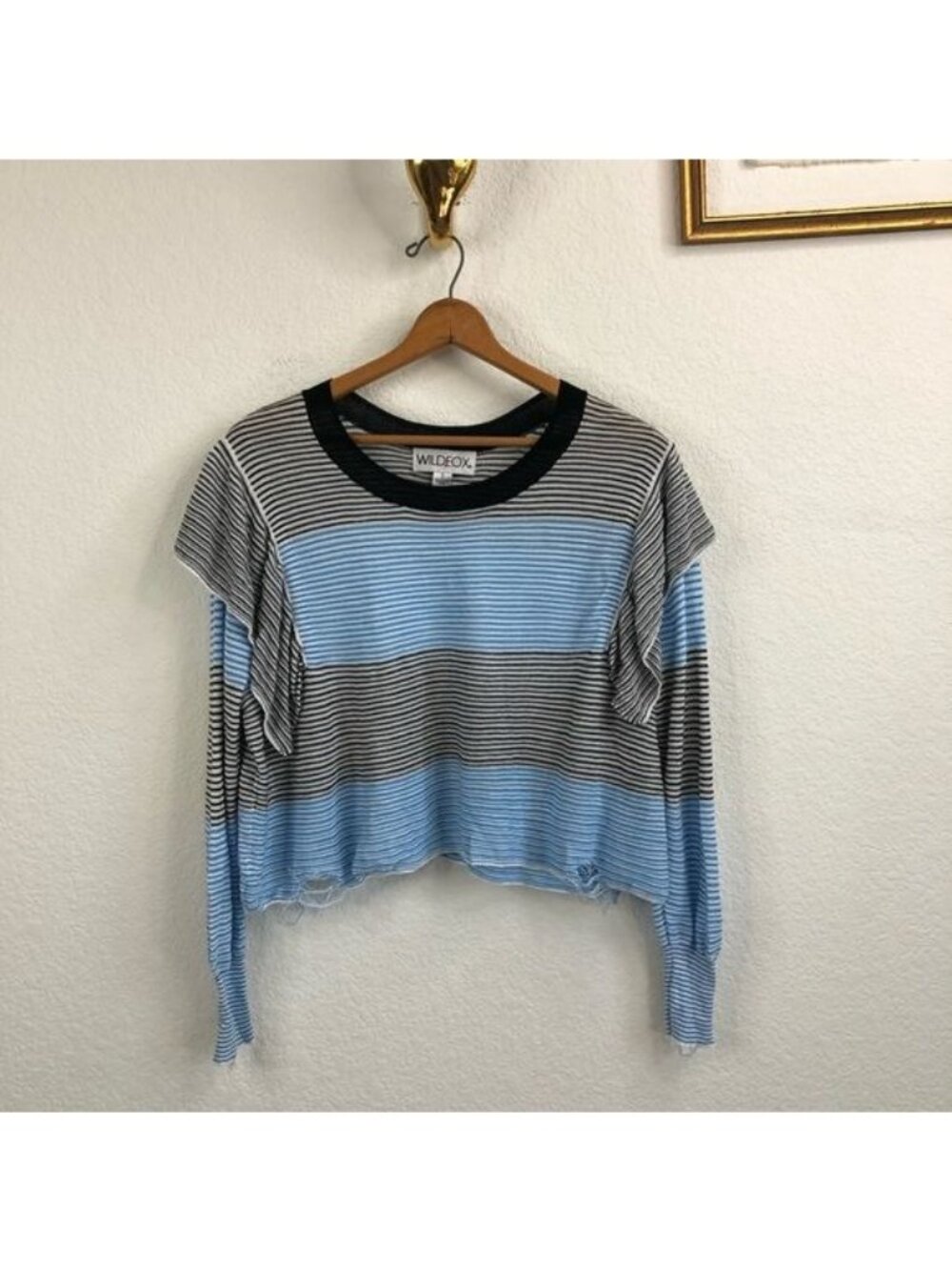Wildfox Aura Striped Ruffle Knit Oversized Distressed Sweater
